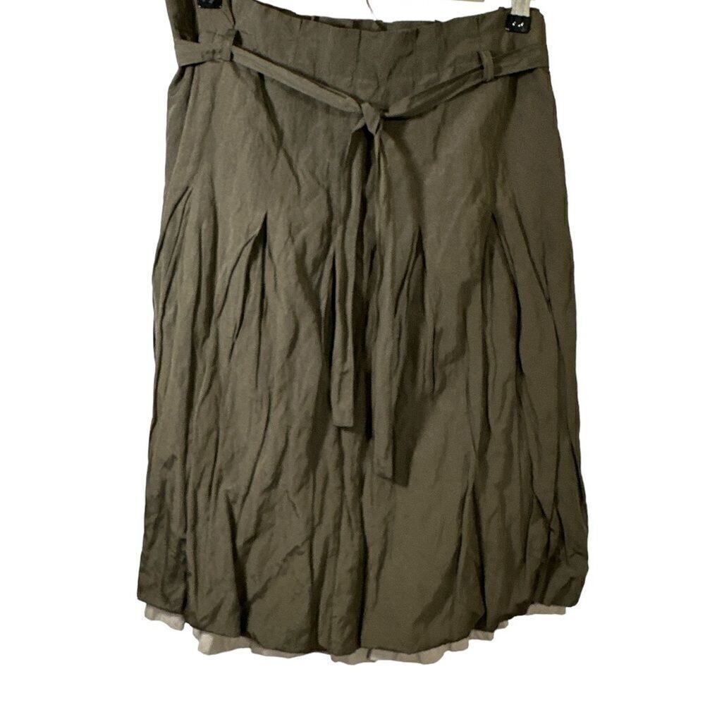 MARC AUREL Women’s Layered Belted A-Line Paperbag Waist Skirt Green 40/Large